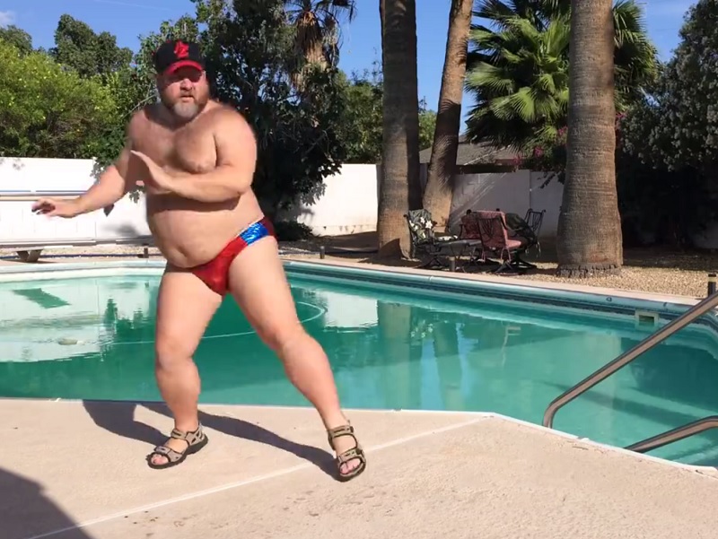 Guy in speedo by the pool dancing to “Can’t Stop The Feeling!” is pretty mu...