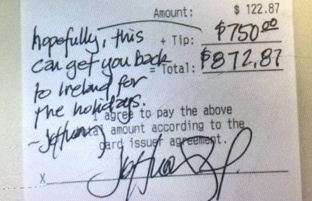 big tip for Irish waiter