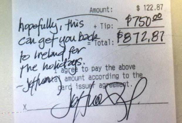 big tip for Irish waiter
