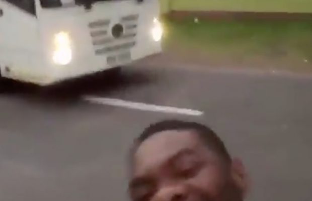 Smanga was walking with friends when he decided to do a little selfie video. He saw the bus behind him but didn't realise the turning circle might come into contact with him.