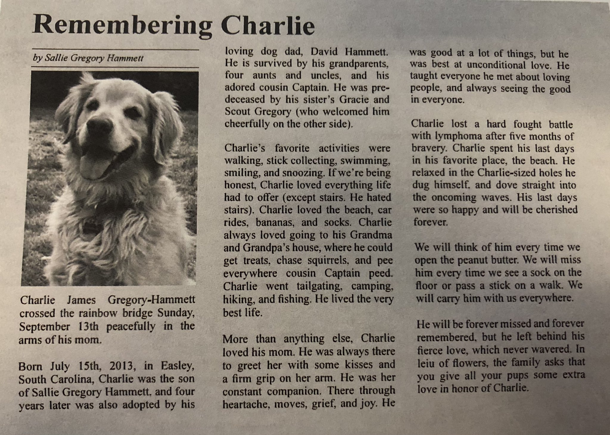 Obituary for beloved pup who died after battle with Lymphoma goes viral