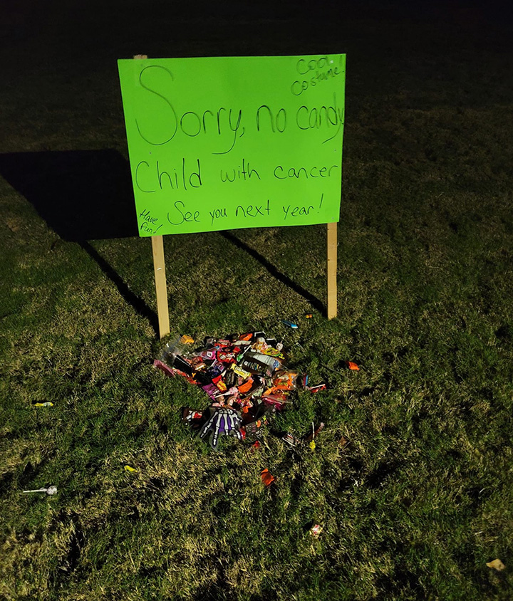 Mother of child with cancer has faith restored in humanity on Halloween.